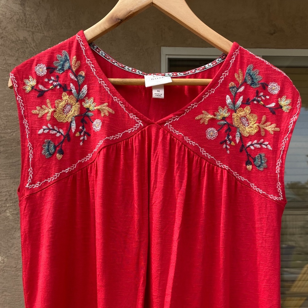 Red Embroidered Blouse V-neck